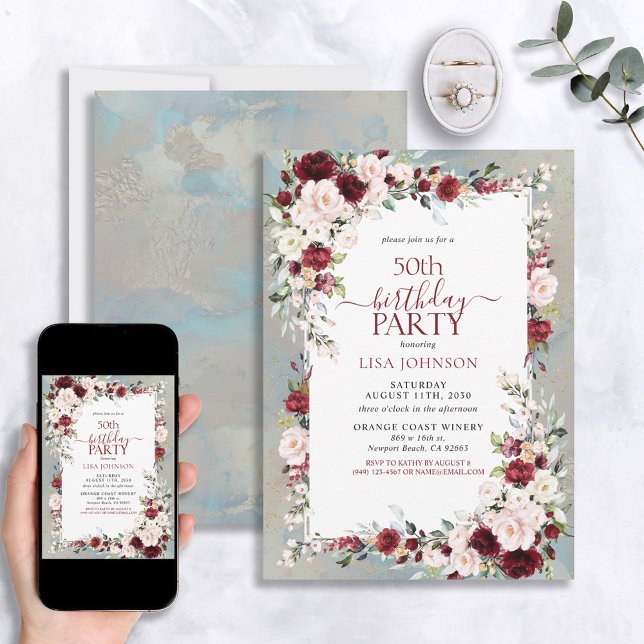 Dusty Blue Burgundy Blush Floral 50th Birthday Invitation (Creator Uploaded)