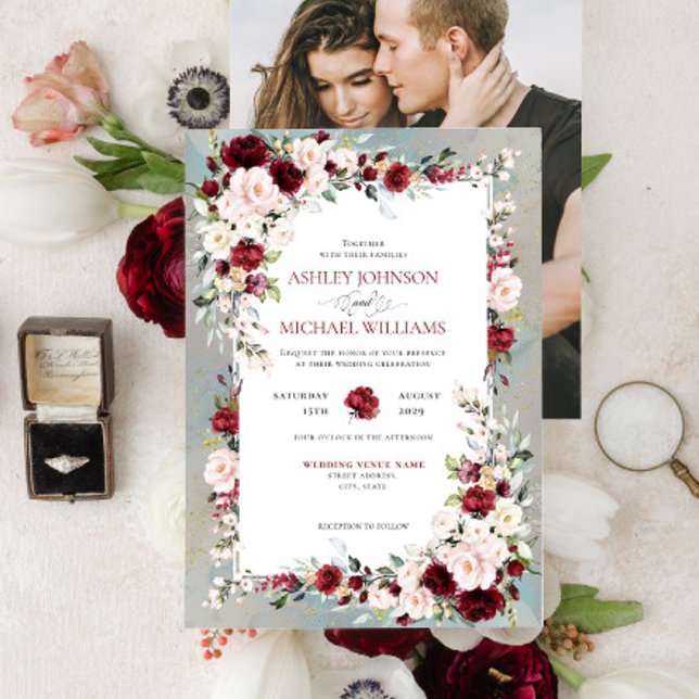 Dusty Blue Burgundy Blush Floral Invitation (Creator Uploaded)