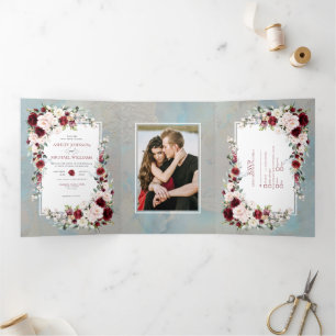 Dusty Blue Burgundy Blush Floral Photo Tri-Fold Invitation