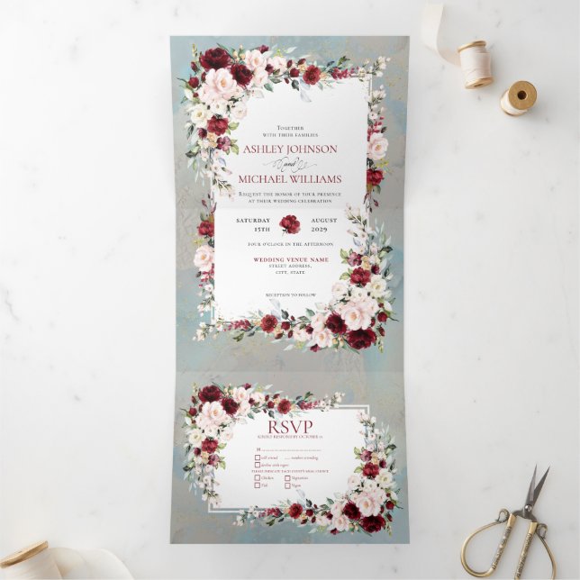 Dusty Blue Burgundy Blush Floral Photo Tri-Fold Invitation (Inside)