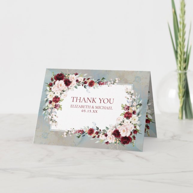 Dusty Blue Burgundy Blush Floral Photo Wedding Card (Front)