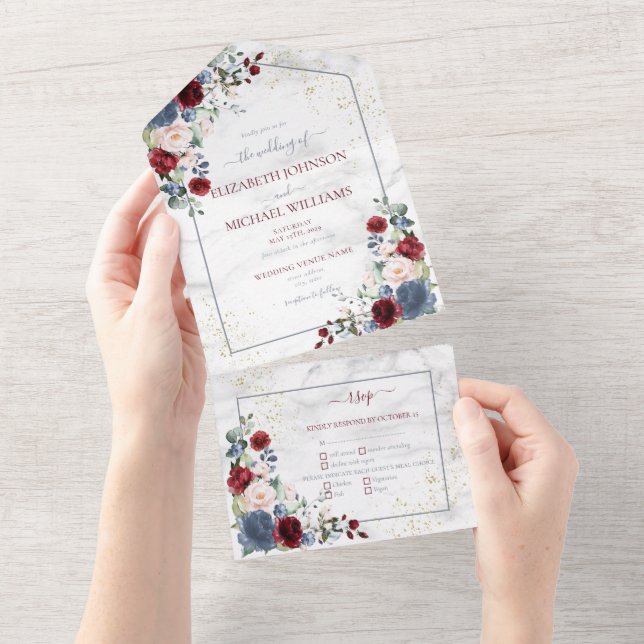 Dusty Blue Burgundy Blush Gold Floral Wedding All In One Invitation (Tearaway)