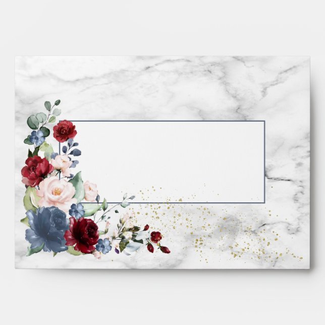Dusty Blue Burgundy Blush Gold Floral Wedding Envelope (Front)