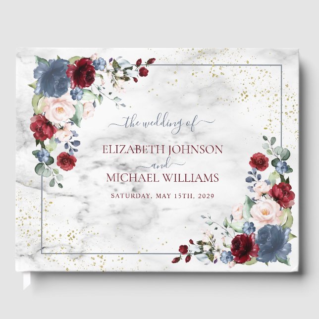Dusty Blue Burgundy Blush Gold Floral Wedding Guest Book (Front)