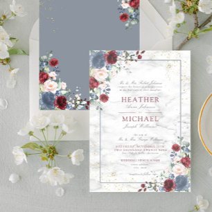 Dusty Blue Burgundy Blush Gold Floral Wedding Inv Invitation