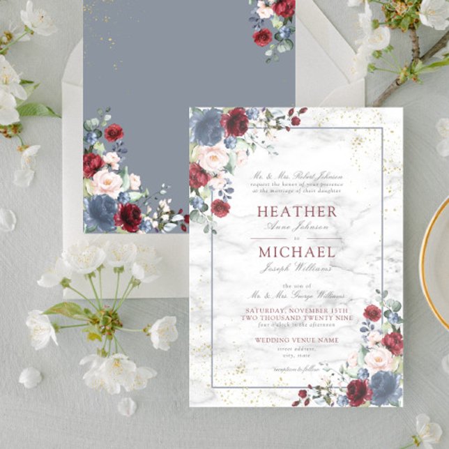 Dusty Blue Burgundy Blush Gold Floral Wedding  Inv Invitation (Creator Uploaded)