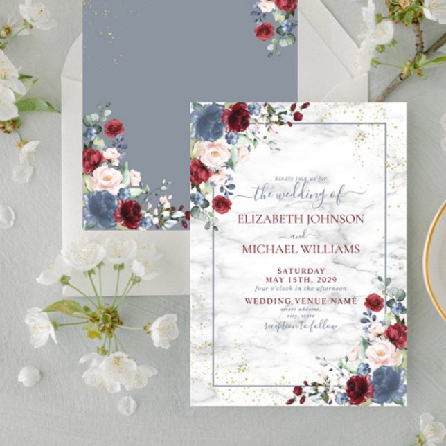 Dusty Blue Burgundy Blush Gold Floral Wedding Invitation (Creator Uploaded)