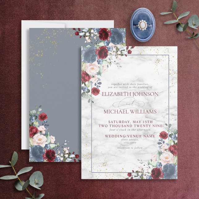 Dusty Blue Burgundy Blush Gold Floral Wedding Invitation (Creator Uploaded)