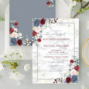 Dusty Blue Burgundy Blush Gold Floral Wedding Invitation