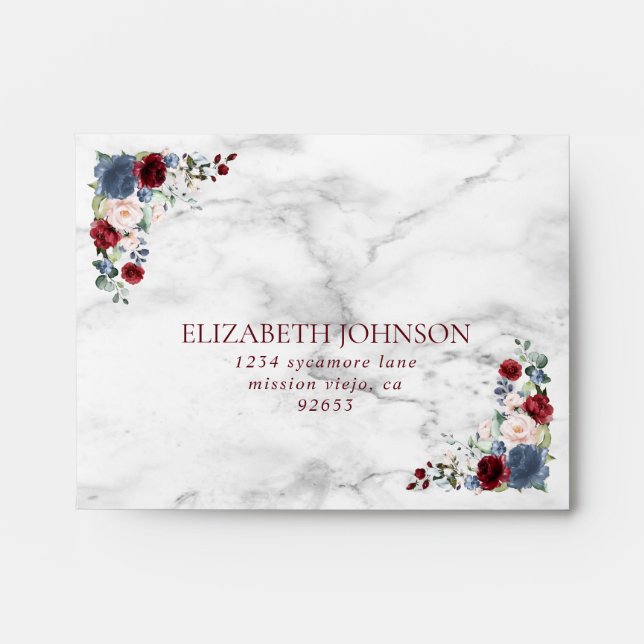 Dusty Blue Burgundy Blush Marble Wedding RSVP Envelope (Front)