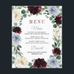 Dusty Blue Burgundy Boho Fall Wedding Menu Cards<br><div class="desc">Dusty Blue Burgundy Boho Fall Wedding Menu Cards -  feature a eucalyptus and greenery wreath decorated with ivory/white,  dusty blue/slate/steel and burgundy/cranberry flowers. View the matching collection on this page to find coordinating products.</div>