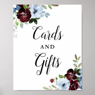 Dusty blue burgundy floral cards and gifts sign
