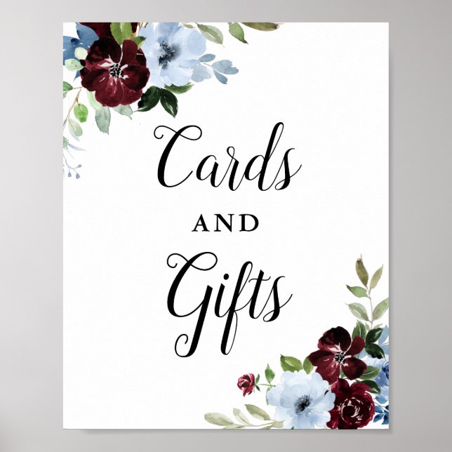 Dusty blue burgundy floral cards and gifts sign (Front)