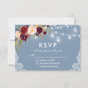 Dusty Blue Burgundy Floral Lace Lights RSVP Card