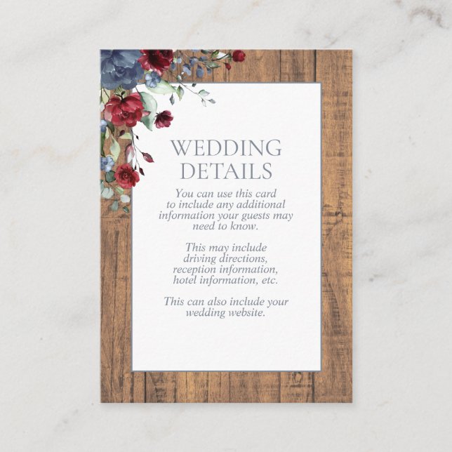 Dusty Blue Burgundy Floral Lace Wood Details Enclosure Card (Front)