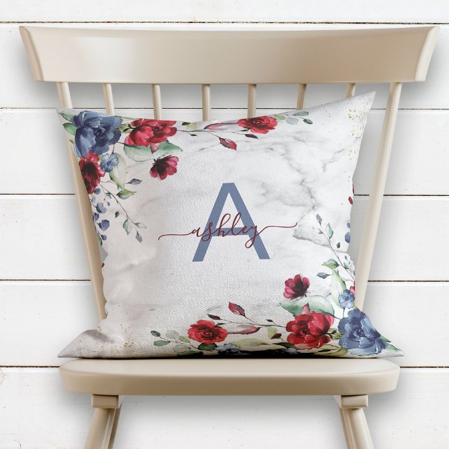 Dusty Blue Burgundy Floral Marble Name Monogram Cushion (Creator Uploaded)