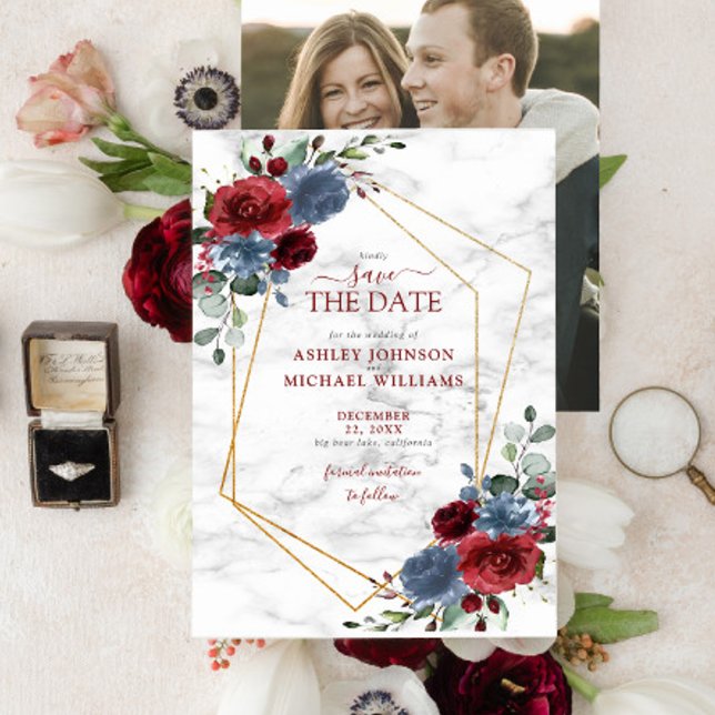 Dusty Blue Burgundy Floral Photo Save the Date (Creator Uploaded)