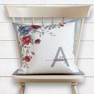 Dusty Blue Burgundy Floral Script Monogram Initial Cushion