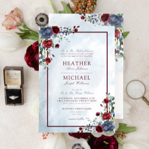 Dusty Blue Burgundy Floral Watercolor Script Invit Invitation