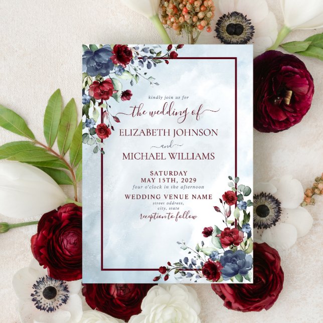 Dusty Blue Burgundy Floral Watercolor Script Invitation (Creator Uploaded)