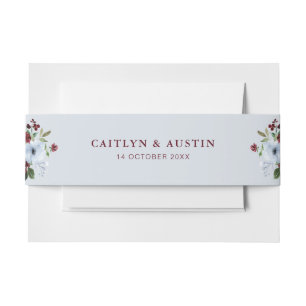 dusty blue burgundy floral wedding belly band invitation belly band
