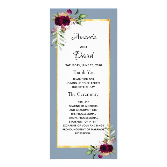 Dusty blue burgundy florals wedding program rack card (Front)
