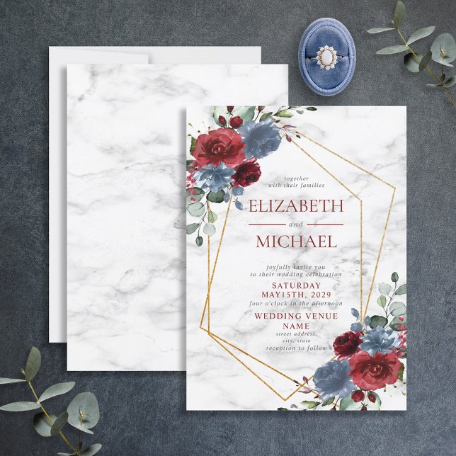 Dusty Blue Burgundy Geometric Floral Marble Spring Invitation (Creator Uploaded)