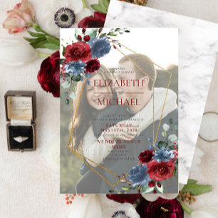 Dusty Blue Burgundy Gold Vellum Overlay Photo Invitation