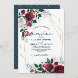 Dusty Blue Burgundy Red Bloom Winter Wedding Invitation