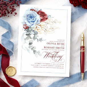 Dusty Blue & Burgundy Red Boho Floral Wedding Invitation
