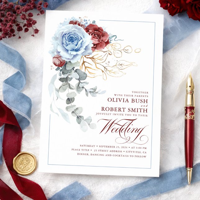 Dusty Blue & Burgundy Red Boho Floral Wedding Invitation (Dusty Blue and Burgundy Red Botanical Floral Chic Wedding Invitations)