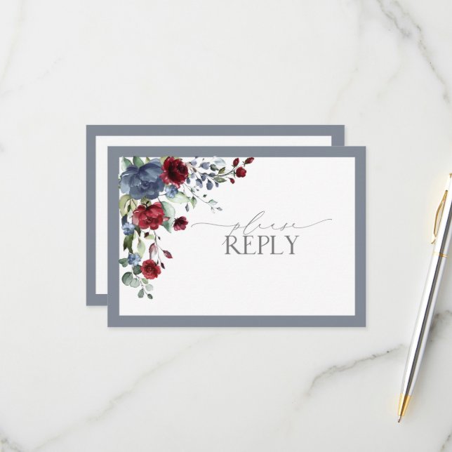 Dusty Blue Burgundy Red Floral Watercolor RSVP (Front/Back In Situ)