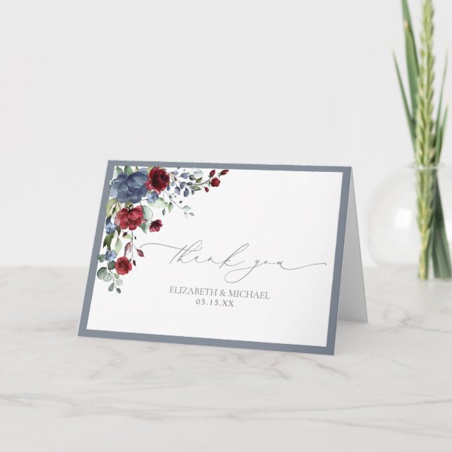 Dusty Blue Burgundy Red Floral Wedding Card (Front)