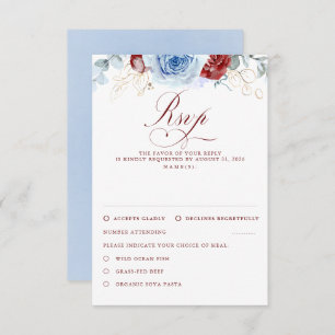 Dusty Blue Burgundy Red Flowers Wedding RSVP