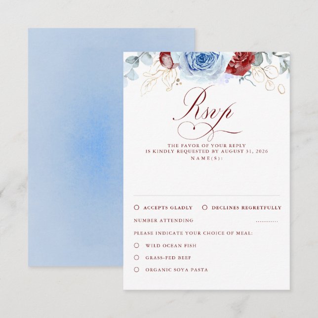 Dusty Blue Burgundy Red Flowers Wedding RSVP Card (Front/Back)