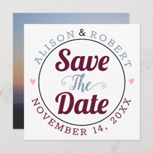 Dusty blue, burgundy typography photo on the back save the date