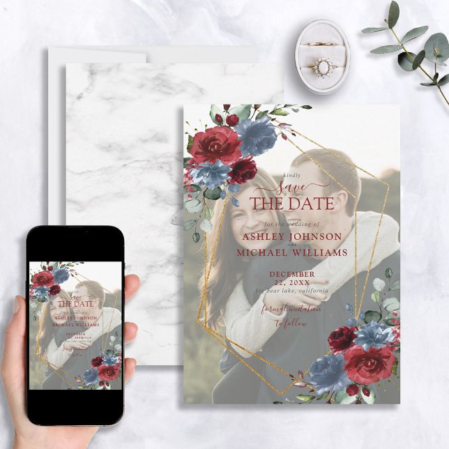 Dusty Blue Burgundy Vellum Photo Save the Date (Creator Uploaded)
