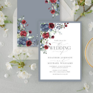 Dusty Blue Burgundy Watercolor Floral Wedding Invitation