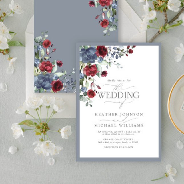 Dusty Blue Burgundy Watercolor Floral Wedding Invitation (Creator Uploaded)