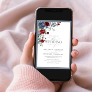 Dusty Blue Burgundy Watercolor Floral Wedding Invitation