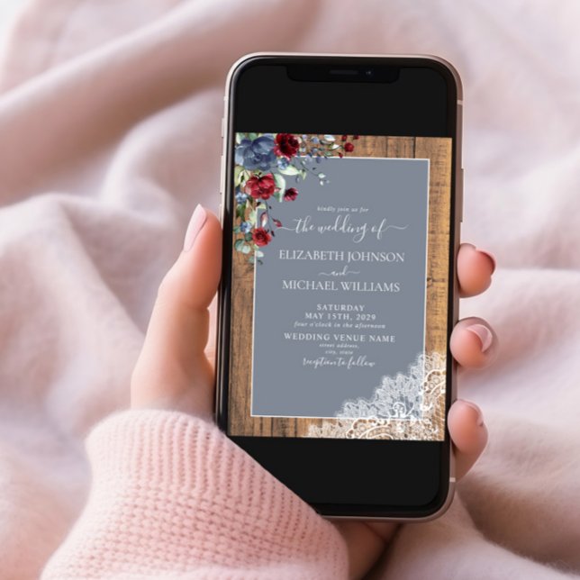 Dusty Blue Burgundy Wood Lace Script Wedding Invitation (Creator Uploaded)
