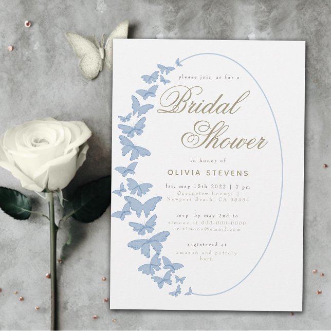 Dusty Blue Butterflies Boho Elegant Bridal Shower Invitation (dusty blue butterflies boho frame elegant bridal shower invitation modern romantic chic stylish chic)