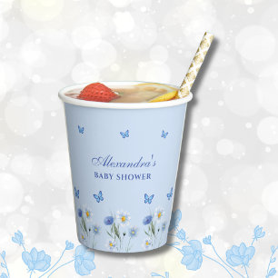 Dusty Blue Butterfly Boho Wildflower Baby Shower Paper Cups