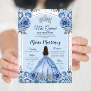 Dusty Blue Butterfly Princess Silver Quinceañera Invitation