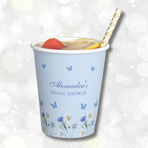 Dusty Blue Butterfly Wildflower Bridal Shower Paper Cups