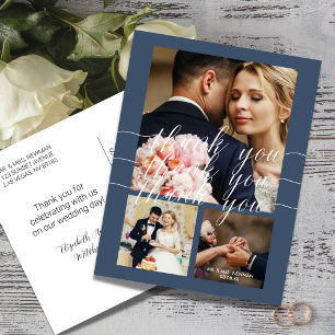 Dusty Blue Calligraphy 3 Photo Wedding Thank You Postcard