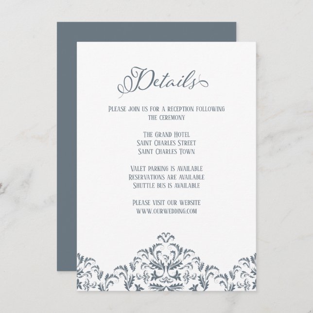 Dusty Blue Calligraphy Elegant Wedding Details Enclosure Card (Front/Back)