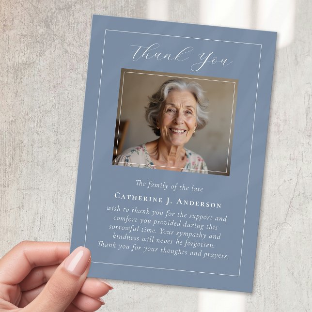 Dusty Blue Calligraphy Photo Sympathy Funeral  Thank You Card (Creator Uploaded)