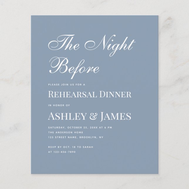 Dusty Blue Calligraphy Rehearsal Dinner Invitation (Front)
