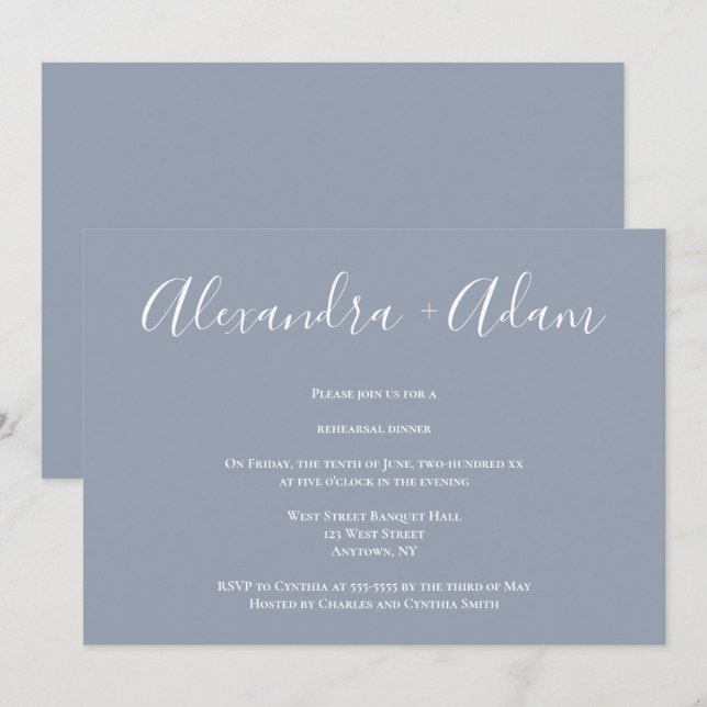 Dusty Blue Calligraphy Rehearsal Dinner Invitation (Front/Back)